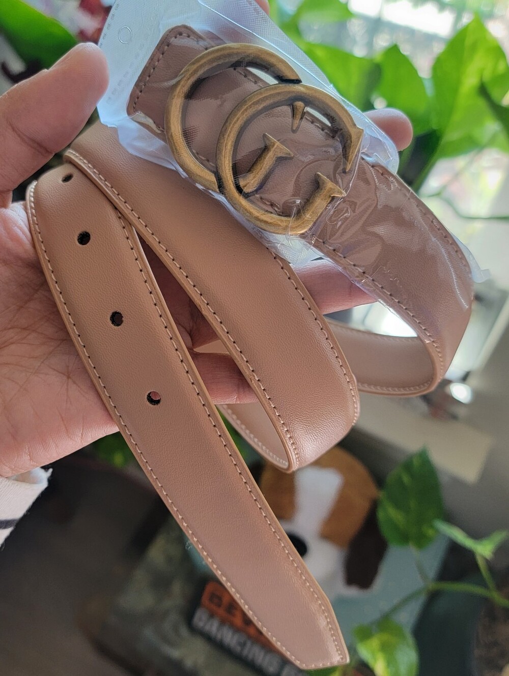 Elegant Pink Vegan Leather Belt with Gold Buckle